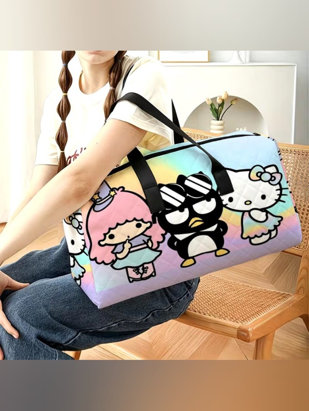 Sanrio Pastel Rainbow Duffel Bag with Hello Kitty, My Melody & Badtz-Maru